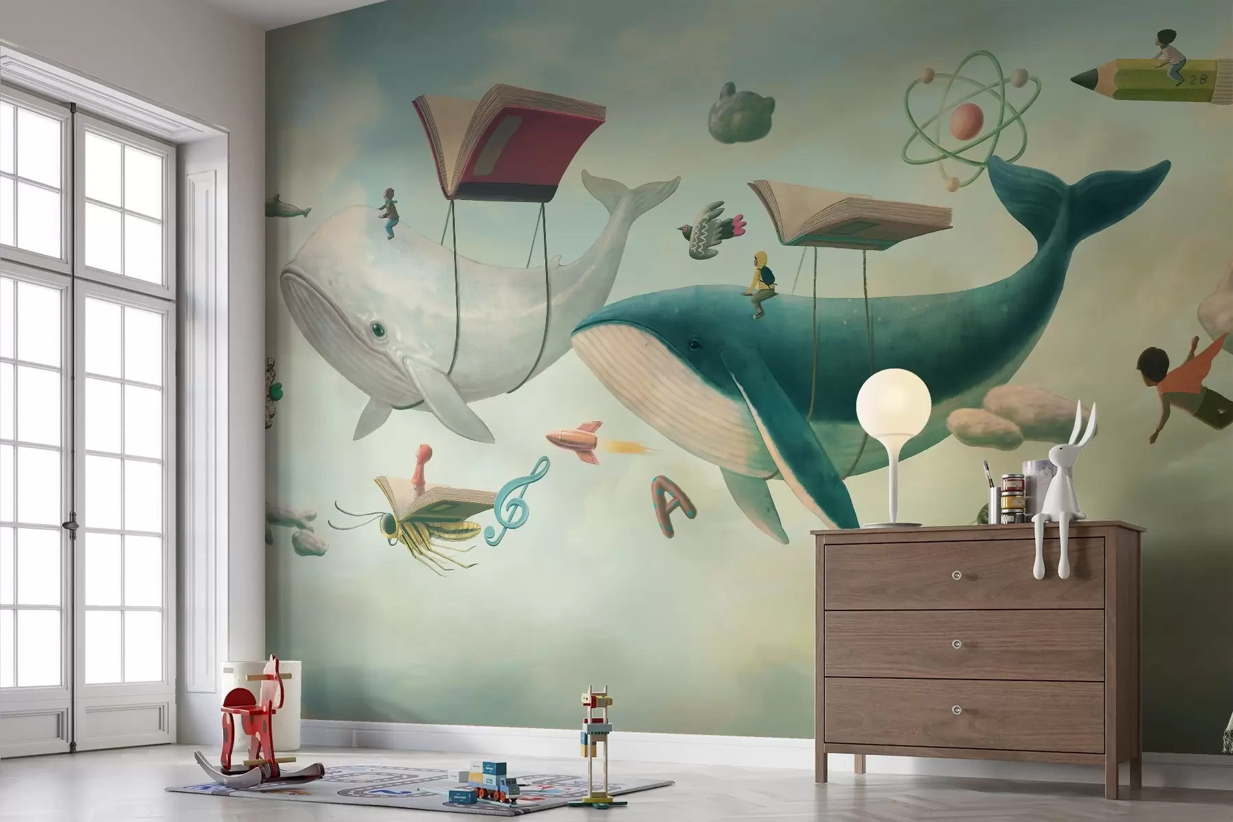 wall murals A whimsical illustration of whales flying in the sky beneath book-shaped balloons w03327v2