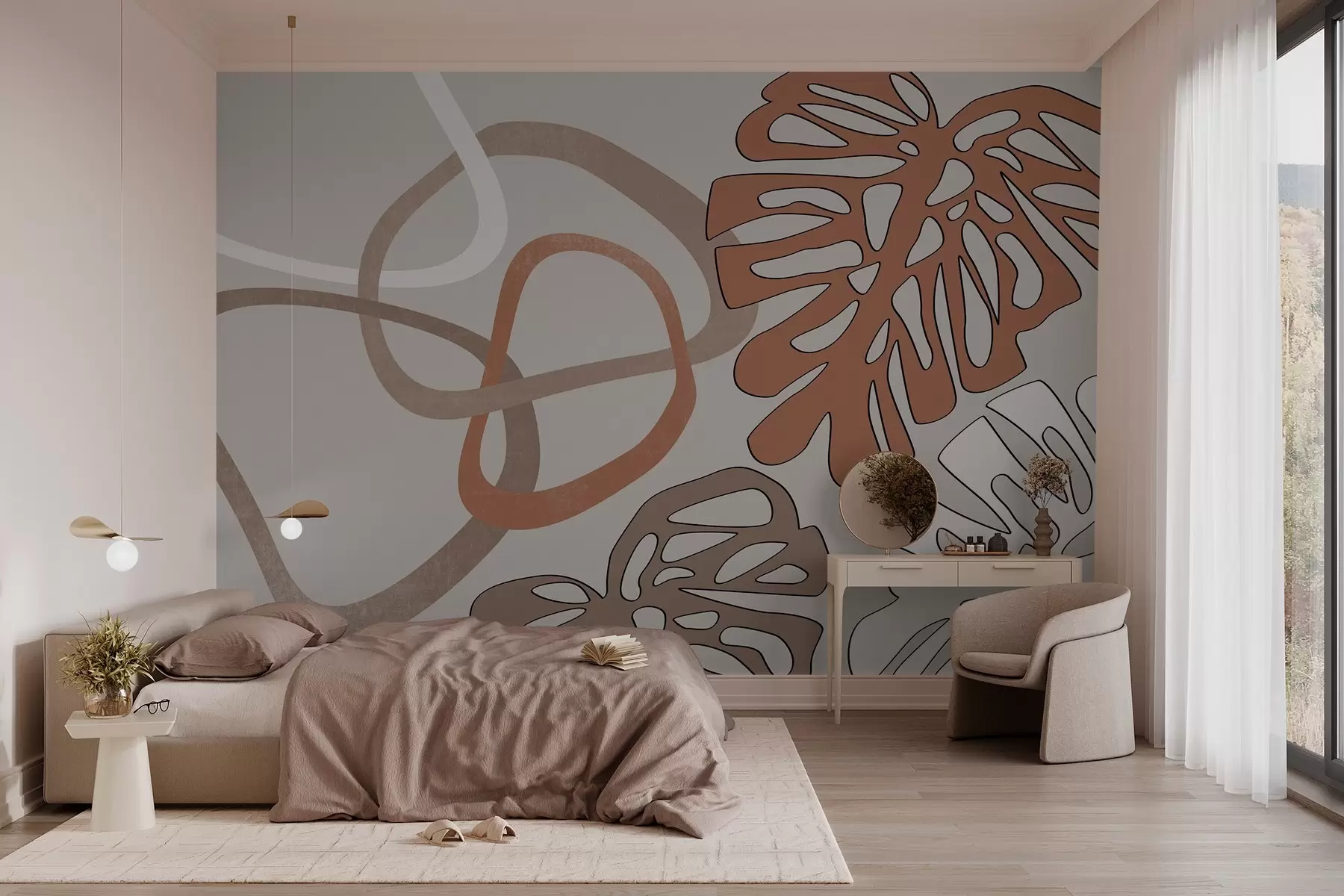 wall murals Monstera leaves and abstract figures w03277