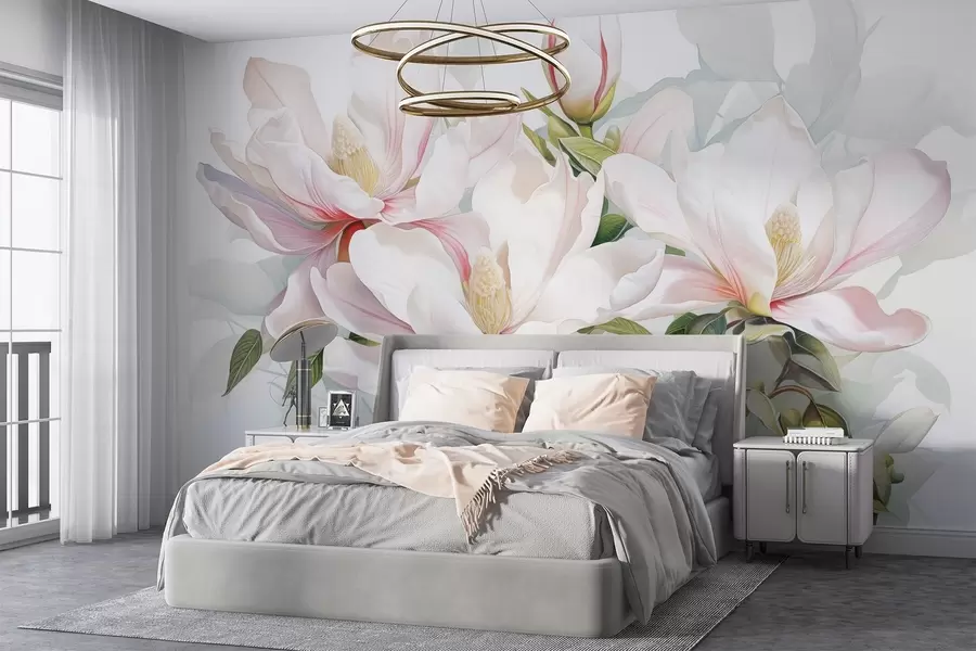 wall murals Magnolia flowers with white and pink petals, leaves and brown branches, soft and delicate watercolor style w08885