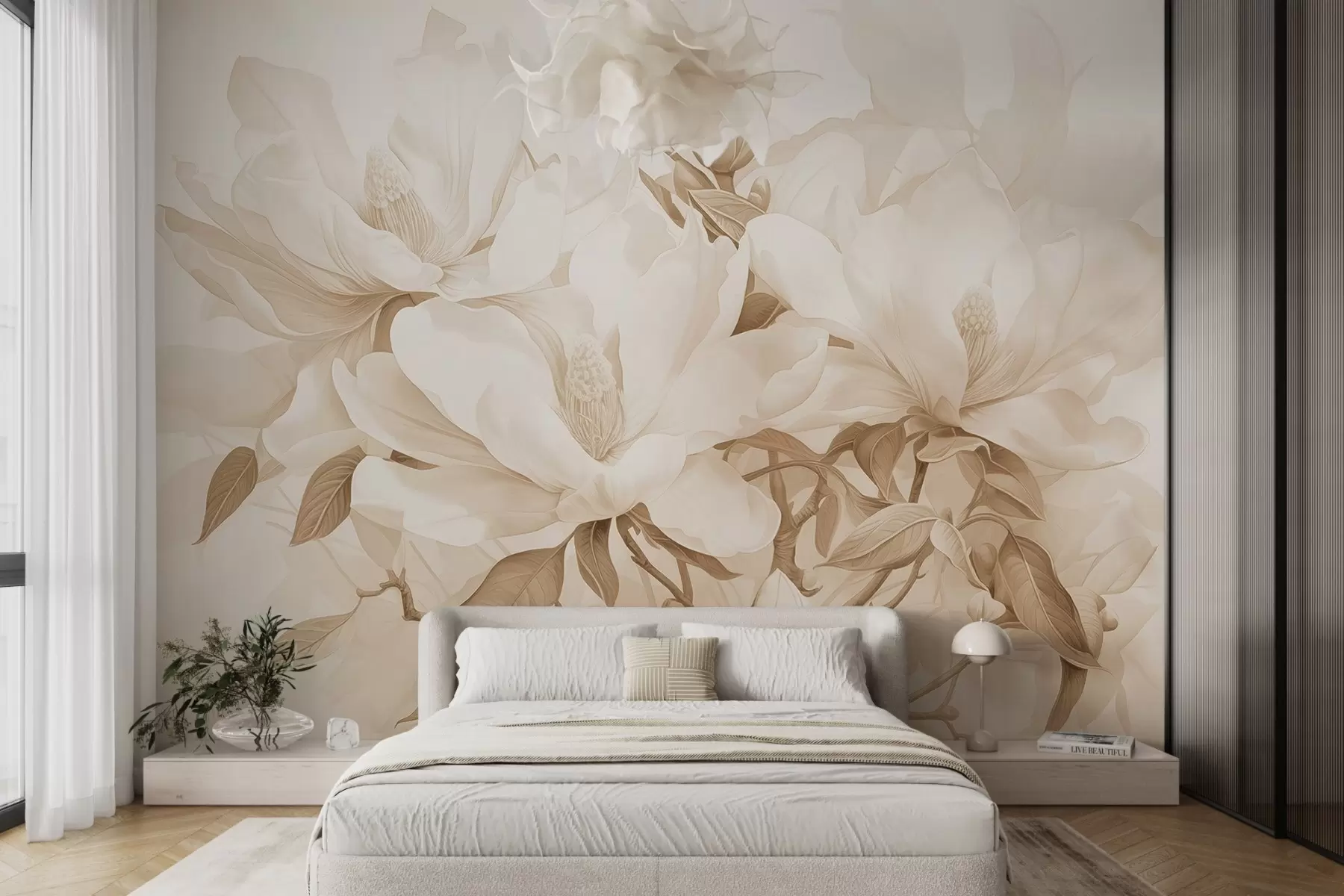 wall murals Magnolia flowers with white and beige petals, leaves and brown branches, soft and delicate watercolor style w08886