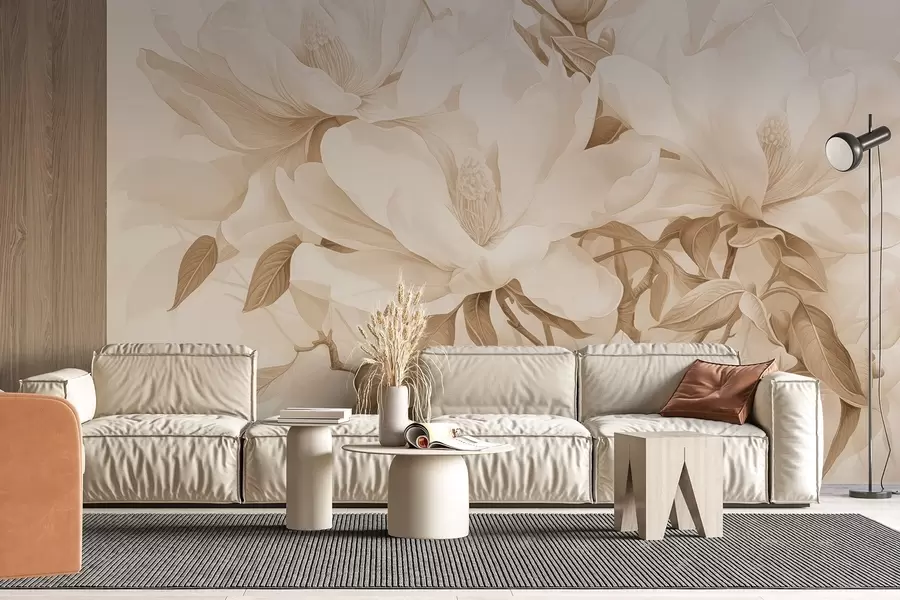 wall murals Magnolia flowers with white and beige petals, leaves and brown branches, soft and delicate watercolor style w08886