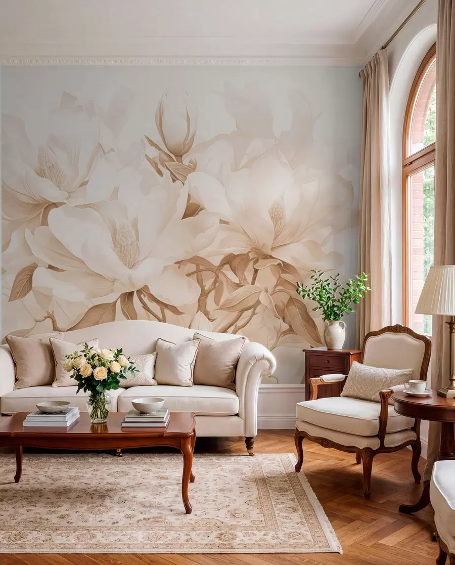 wall murals Magnolia flowers with white and beige petals, leaves and brown branches, soft and delicate watercolor style w08886