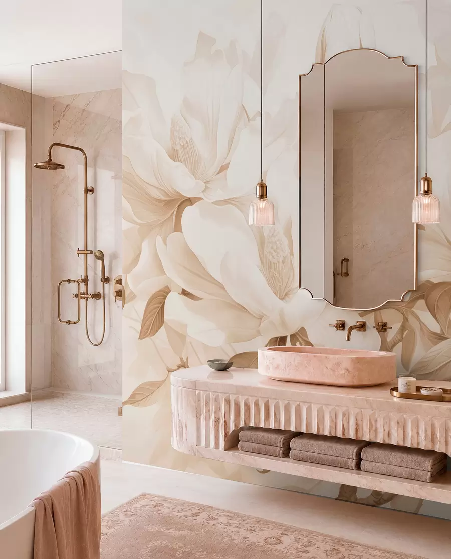 wall murals Magnolia flowers with white and beige petals, leaves and brown branches, soft and delicate watercolor style w08886