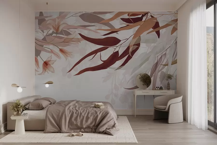 wall murals Eucalyptus leaves in shades of bordo, beige and white with delicate flowers and branches on a white background w08887