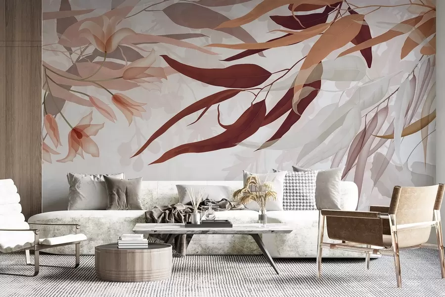 wall murals Eucalyptus leaves in shades of bordo, beige and white with delicate flowers and branches on a white background w08887