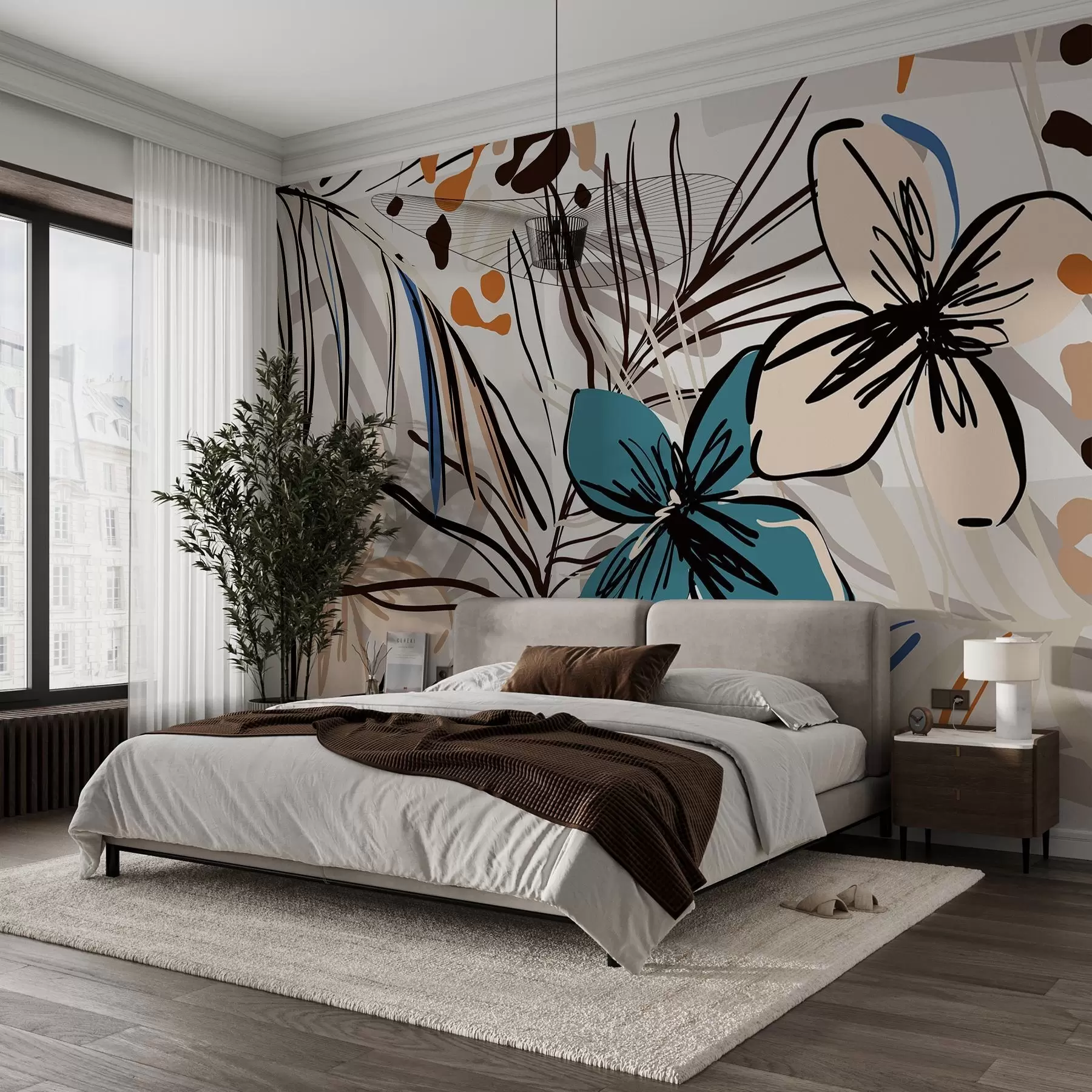 wall murals Modern abstract print with tropical palm leaves, blue and beige flowers, black lines, light background w08889