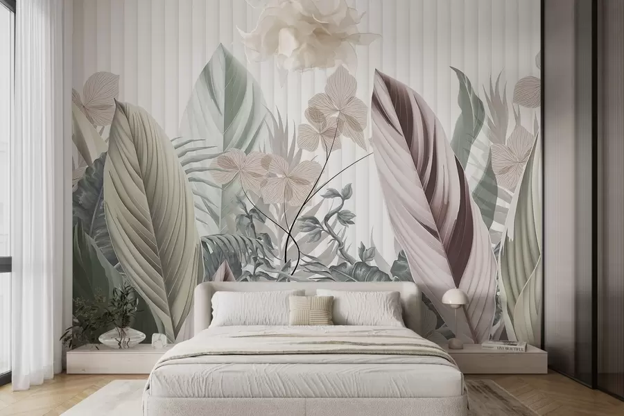 wall murals Tropical leaves with soft pastel colors, light green , light pink and light brown, vertical lines in the background w08892