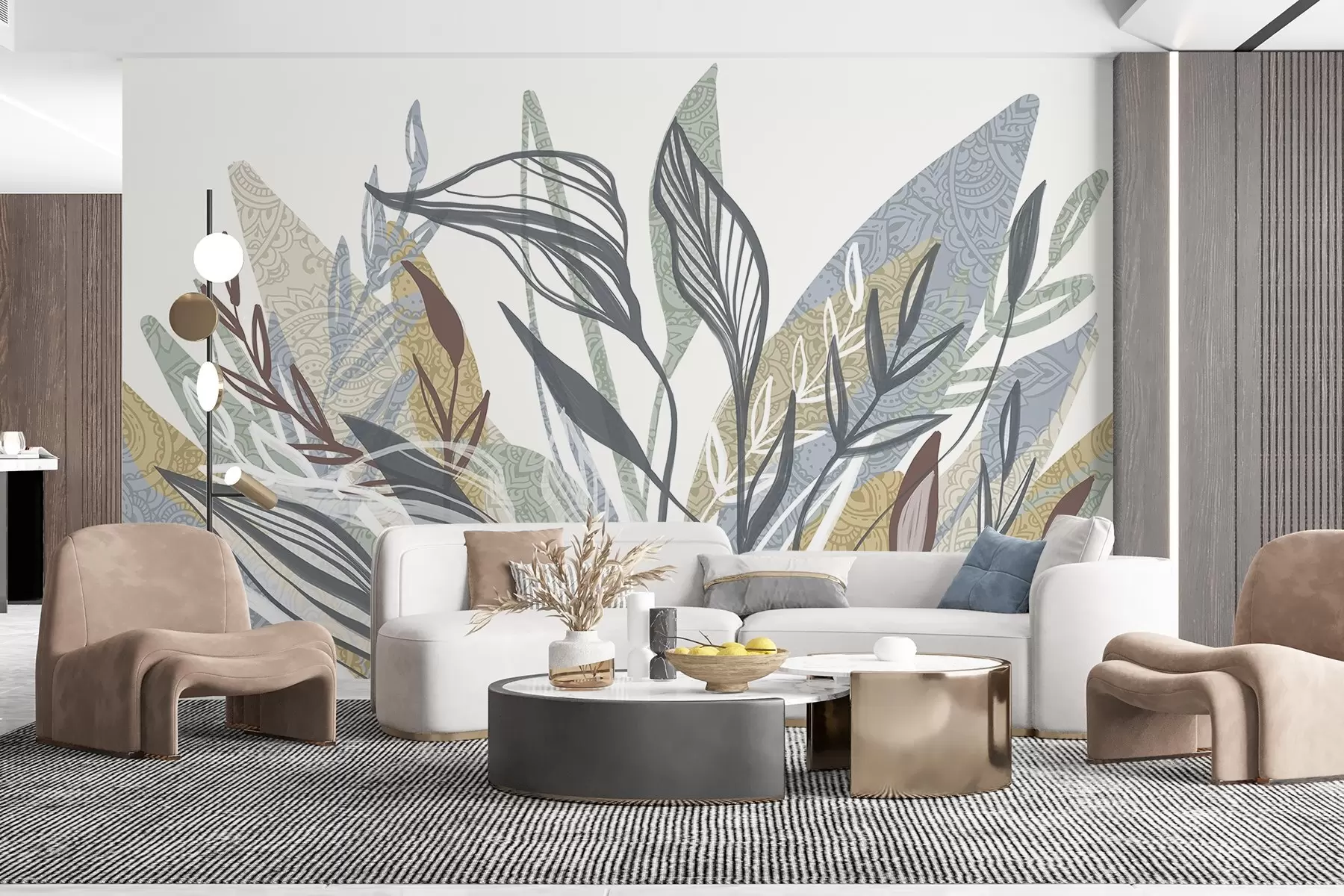 wall murals A collection of leaves with different colors and sizes, some with line art, on a white background w08893