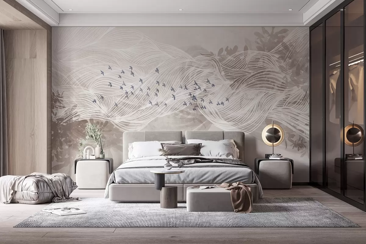 wall murals Flock of birds flying over abstract line art landscape textured beige waves, soft colors , minimalist design w08898