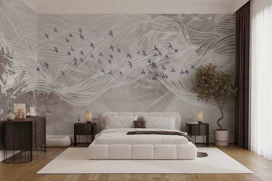 wall murals Flock of birds flying over abstract line art landscape textured beige waves, soft colors , minimalist design w08898