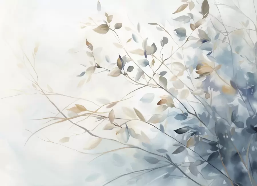 wall murals Branches with leaves in blue and brown tones, light background, soft and delicate, watercolor style w08900