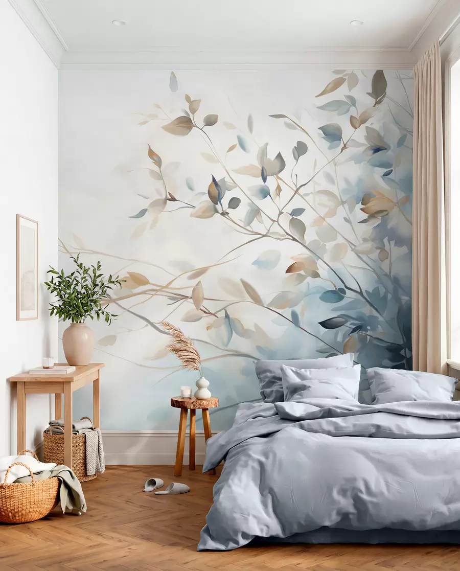 wall murals Branches with leaves in blue and brown tones, light background, soft and delicate, watercolor style w08900