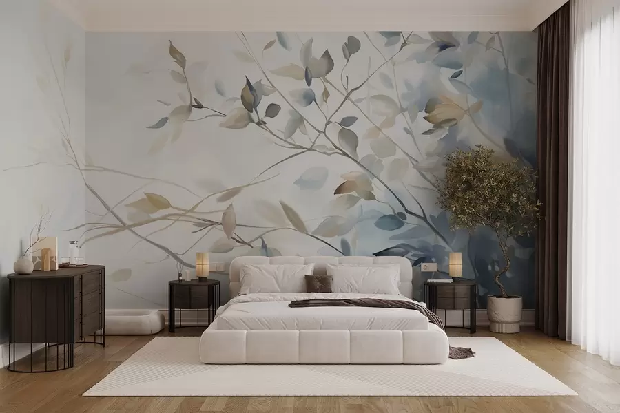 wall murals Branches with leaves in blue and brown tones, light background, soft and delicate, watercolor style w08900