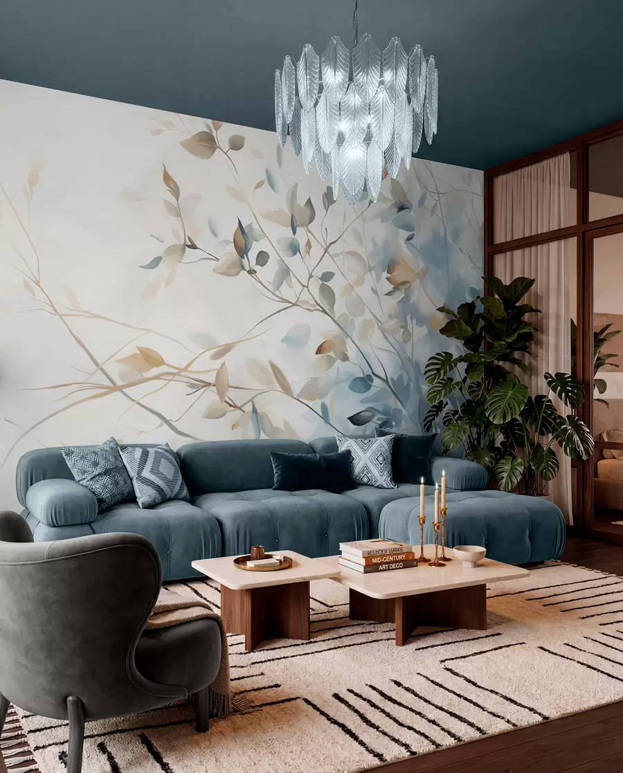 wall murals Branches with leaves in blue and brown tones, light background, soft and delicate, watercolor style w08900