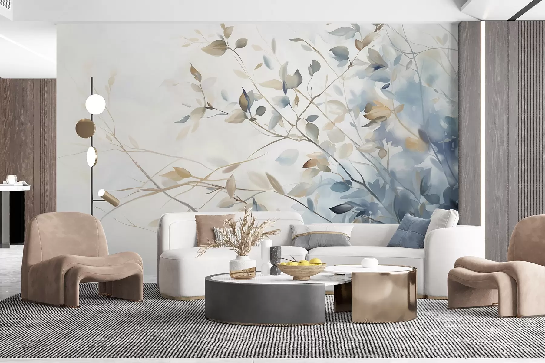 wall murals Branches with leaves in blue and brown tones, light background, soft and delicate, watercolor style w08900