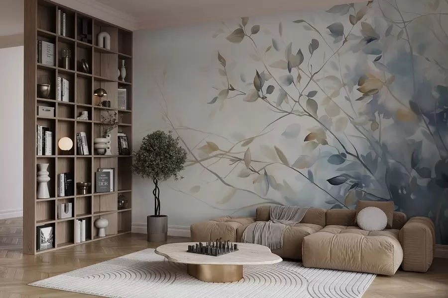 wall murals Branches with leaves in blue and brown tones, light background, soft and delicate, watercolor style w08900