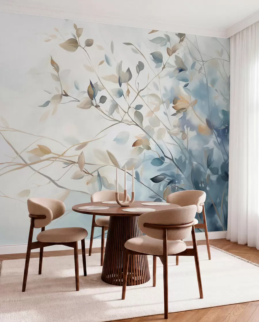 wall murals Branches with leaves in blue and brown tones, light background, soft and delicate, watercolor style w08900