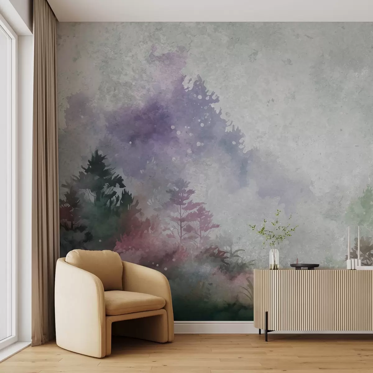 wall murals Forest, imitation watercolor with pink splashes w08862