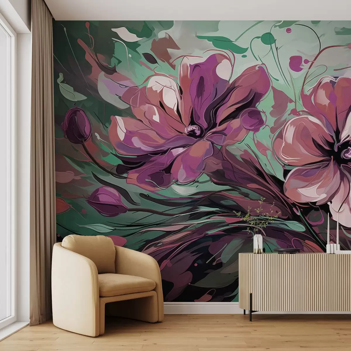 wall murals Large abstract flowers pink and purple w08863v2