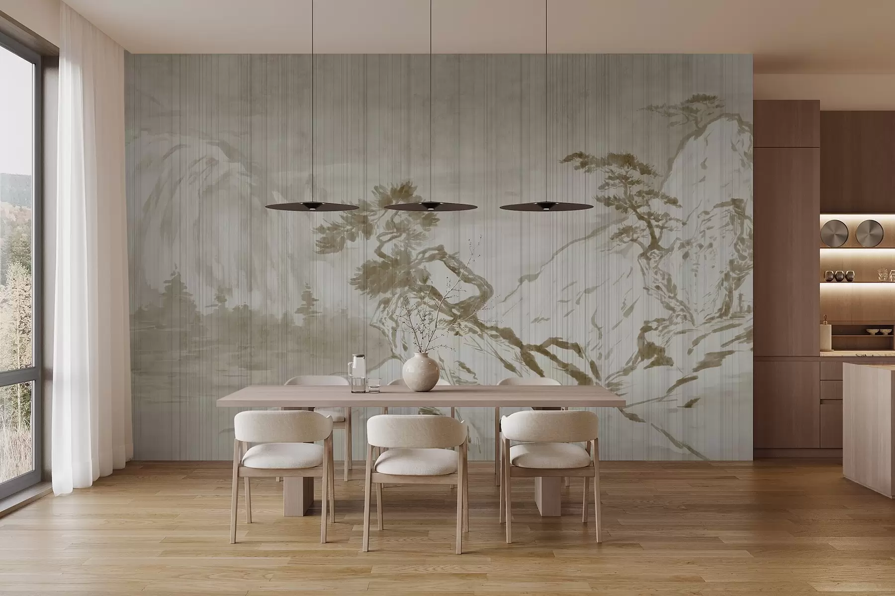 wall murals Traditional Chinese monochrome landscape illustration featuring mountains, trees, and mist w03379