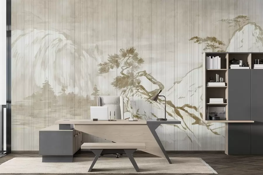 wall murals Traditional Chinese monochrome landscape illustration featuring mountains, trees, and mist w03379