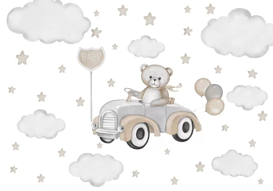 wall murals Adorable illustration of a teddy bear driving a vintage car among clouds and stars w03382