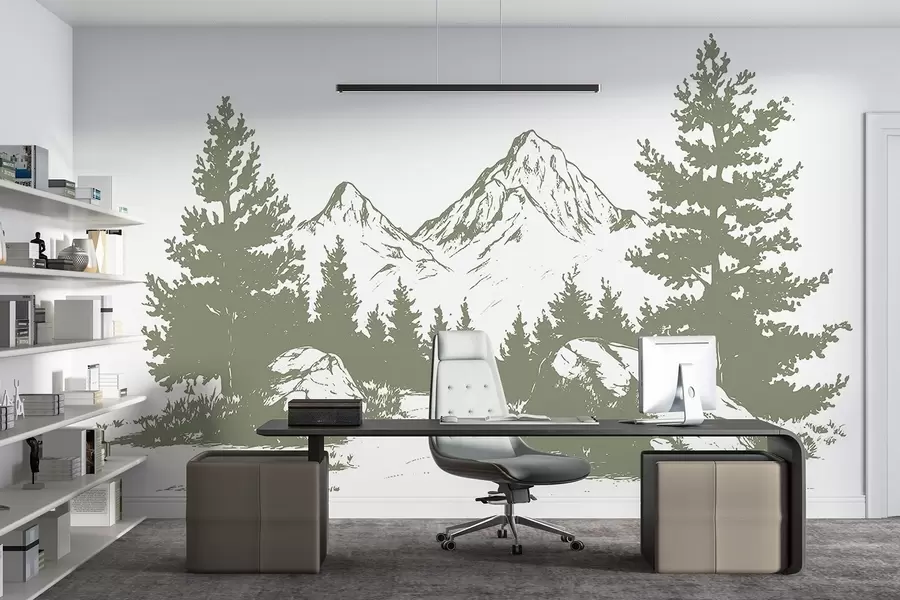 wall murals The Alps, mountains with forest, line drawing, green color w03342v1