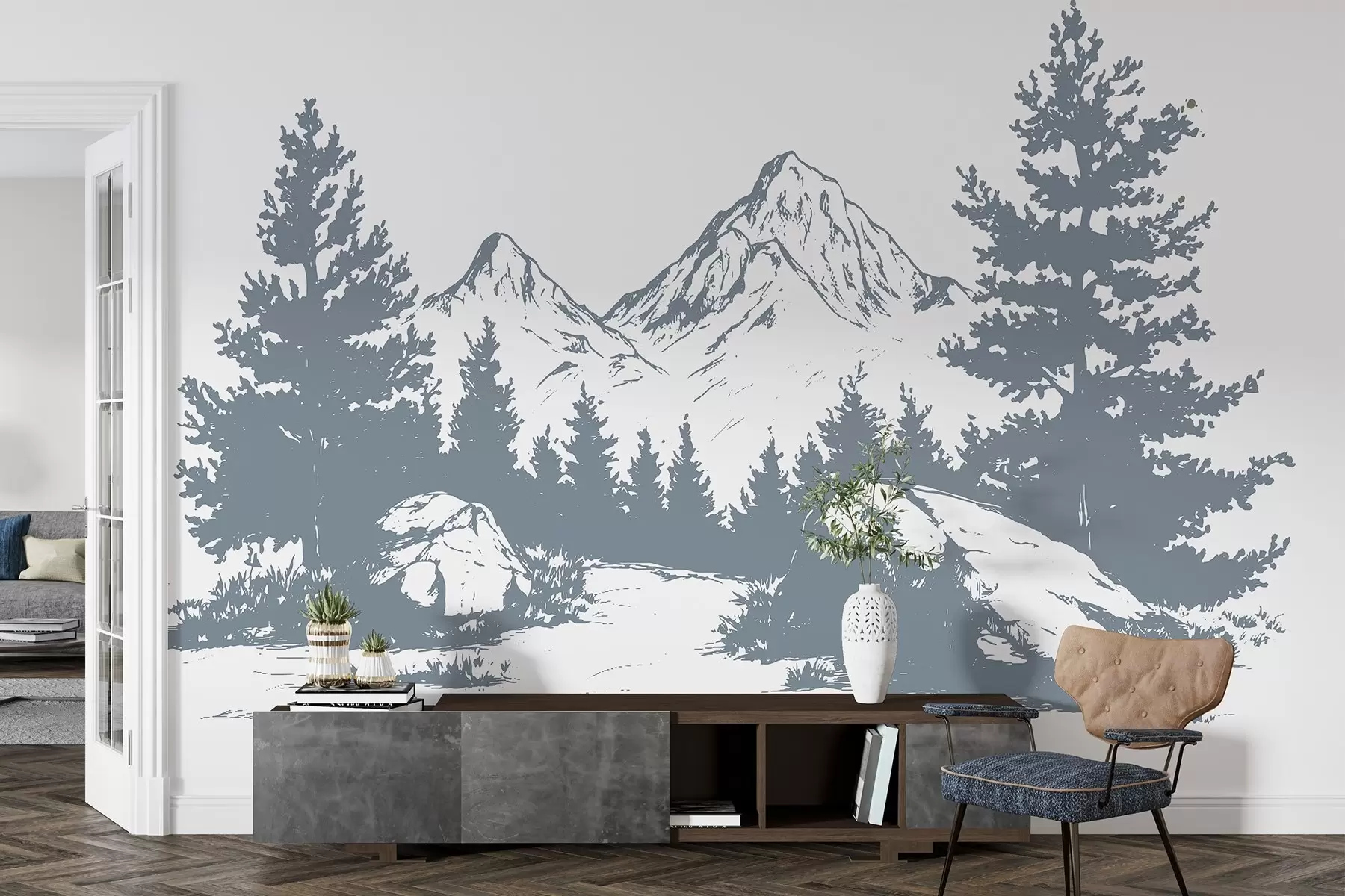 wall murals The Alps, mountains with forest, line drawing, grey color w03342v2