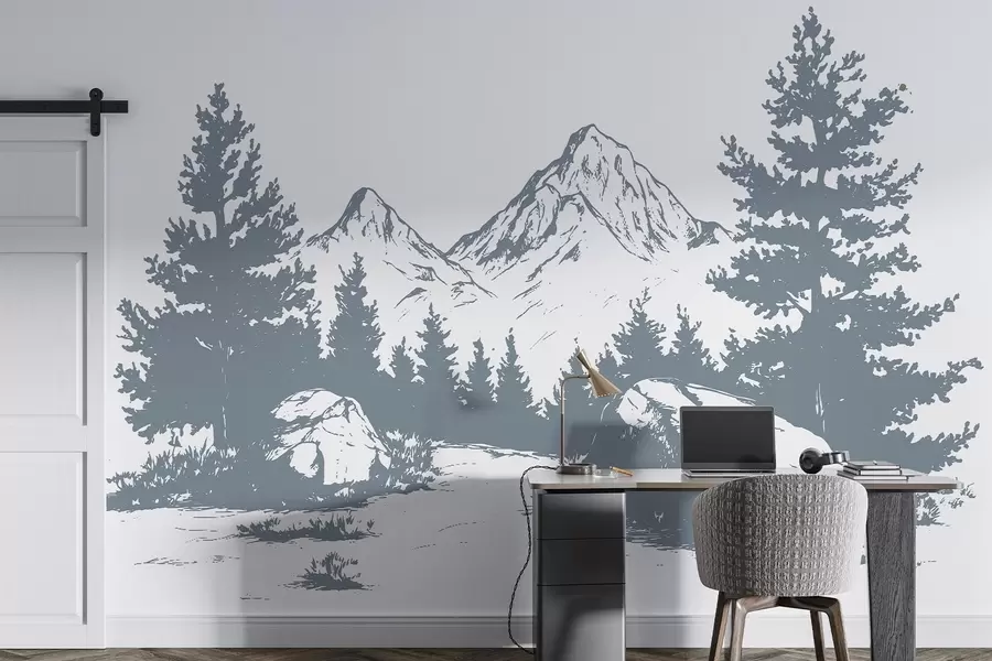 wall murals The Alps, mountains with forest, line drawing, grey color w03342v2
