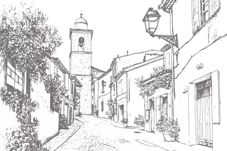 wall murals City street, beautiful architecture, buildings, Mediterranean, line drawing, beige color w03345v1