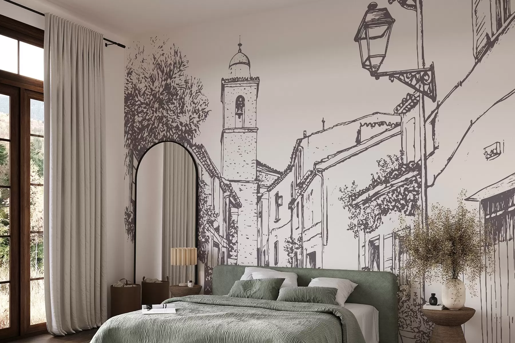 wall murals City street, beautiful architecture, buildings, Mediterranean, line drawing, beige color w03345v1