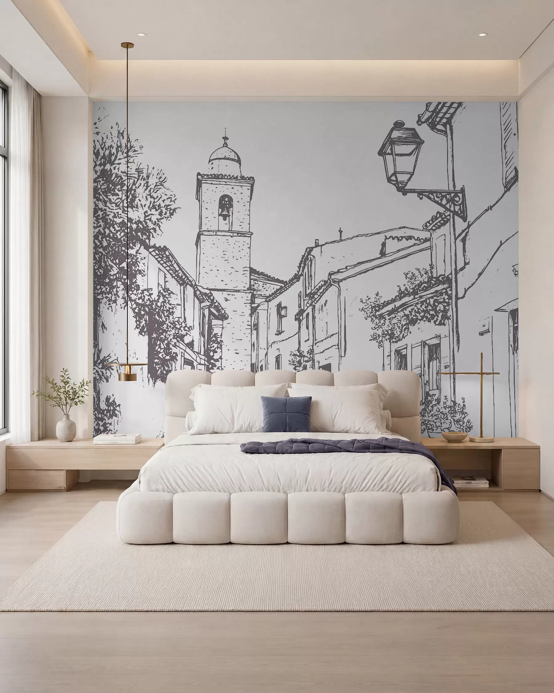 wall murals City street, beautiful architecture, buildings, Mediterranean, line drawing, beige color w03345v1