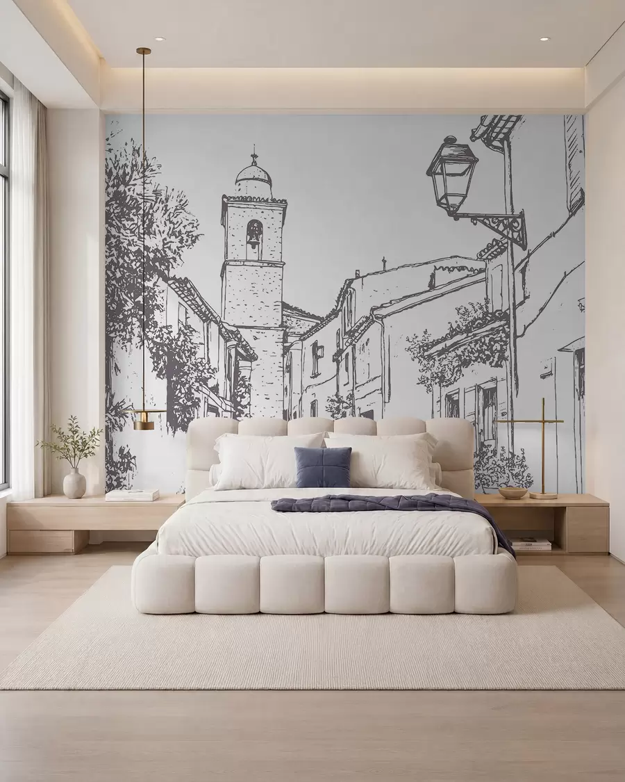 wall murals City street, beautiful architecture, buildings, Mediterranean, line drawing, beige color w03345v1
