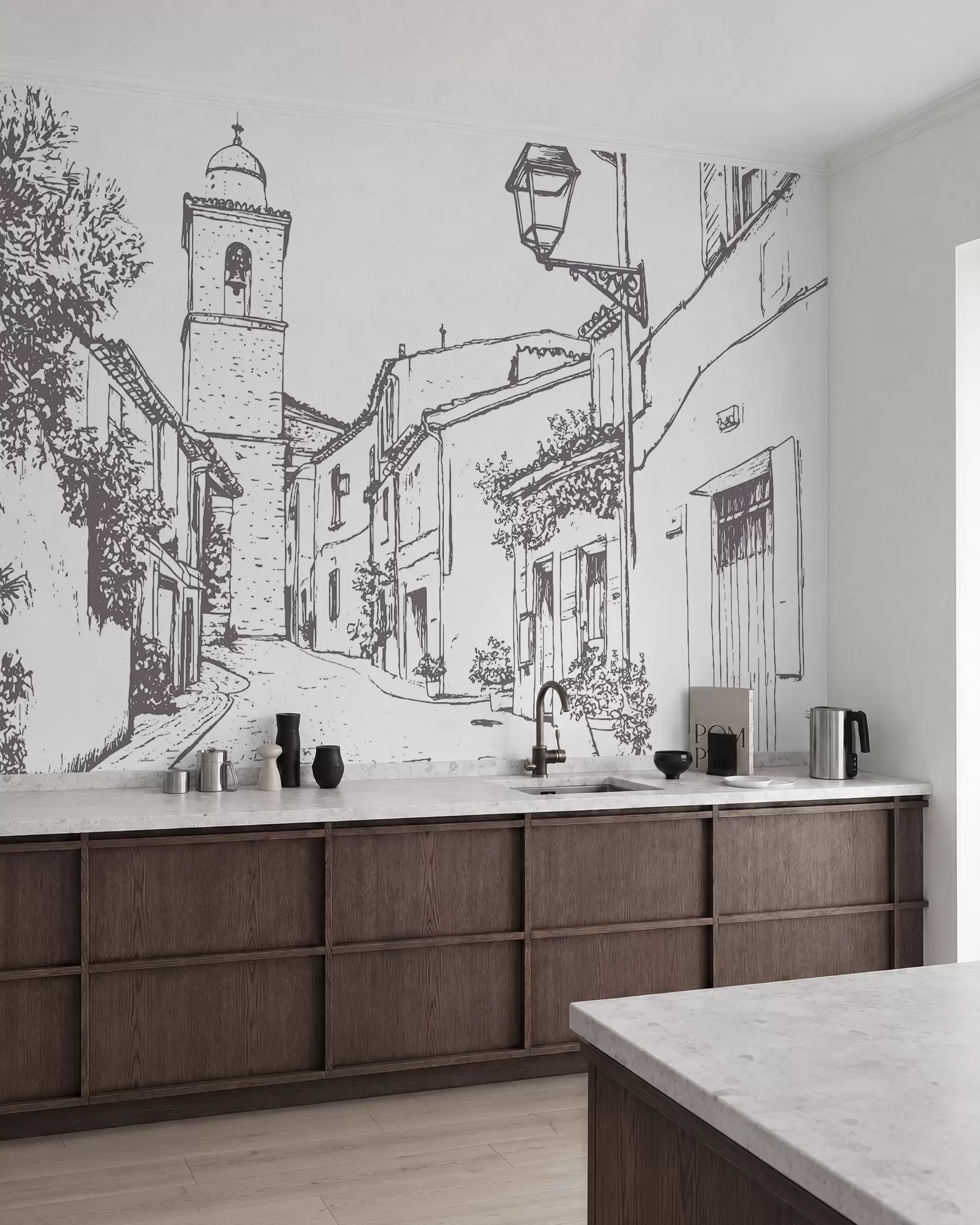 wall murals City street, beautiful architecture, buildings, Mediterranean, line drawing, beige color w03345v1
