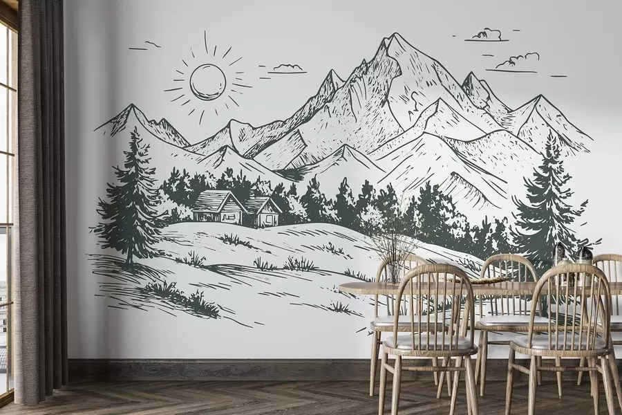 wall murals Mountains drawing, nature landscapes, forest, wooden houses, green color w03347