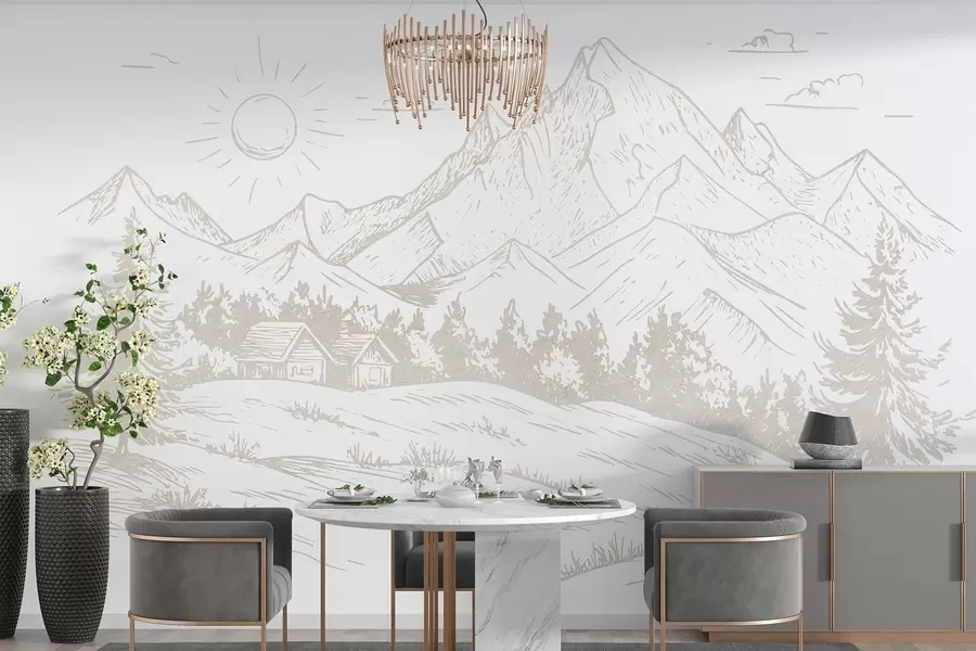 wall murals Mountains drawing, nature landscapes, forest, wooden houses, beige color w03348