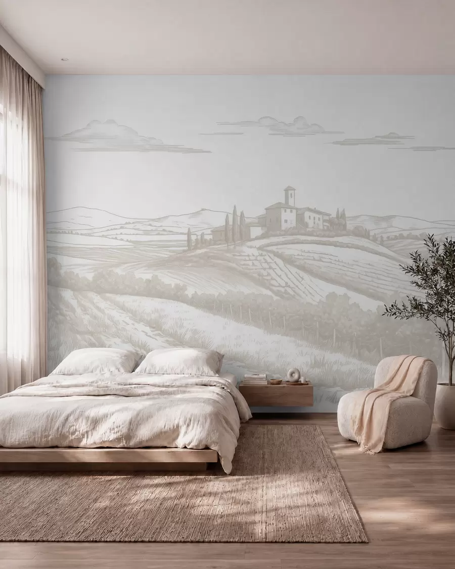 wall murals Tuscany landscapes, Italy, vineyards, nature, old castle, beige colors w03349