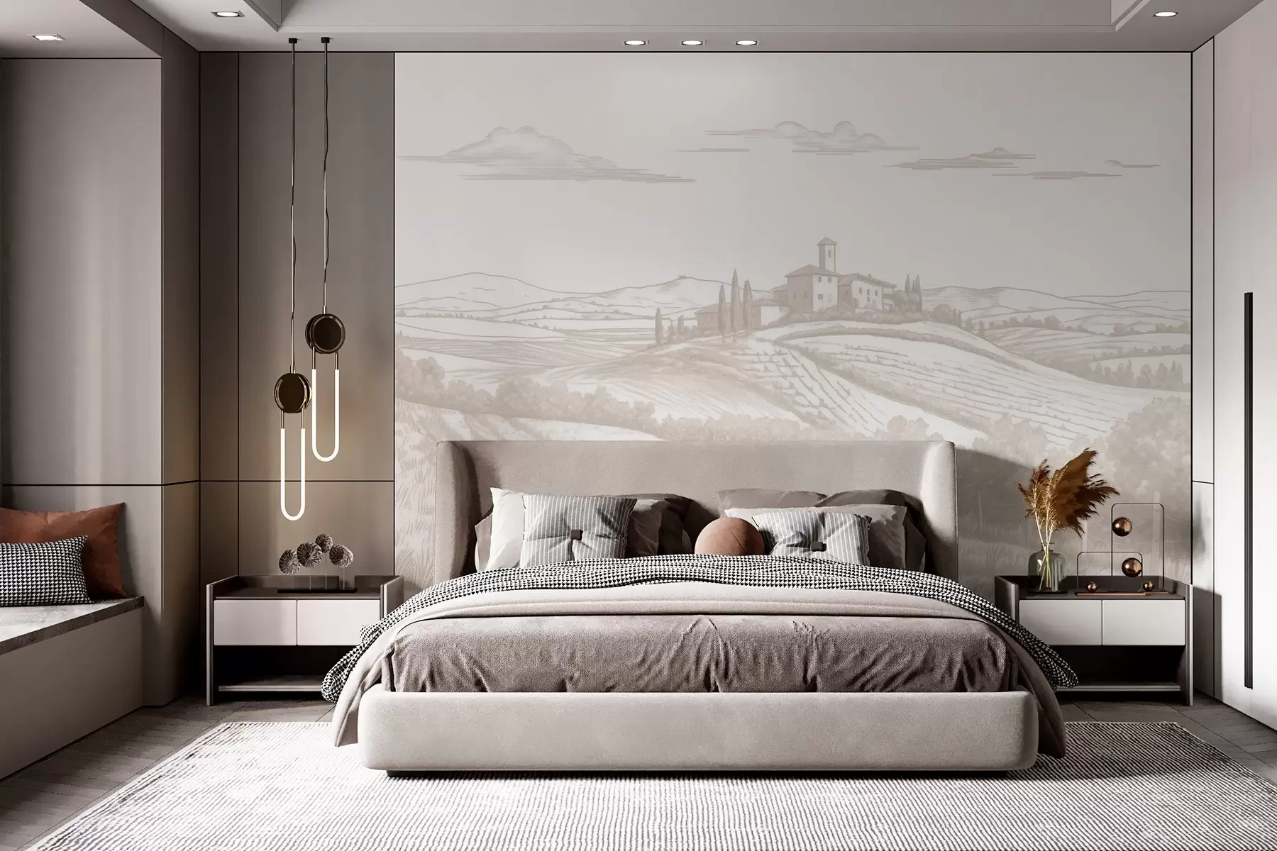 wall murals Tuscany landscapes, Italy, vineyards, nature, old castle, beige colors w03349