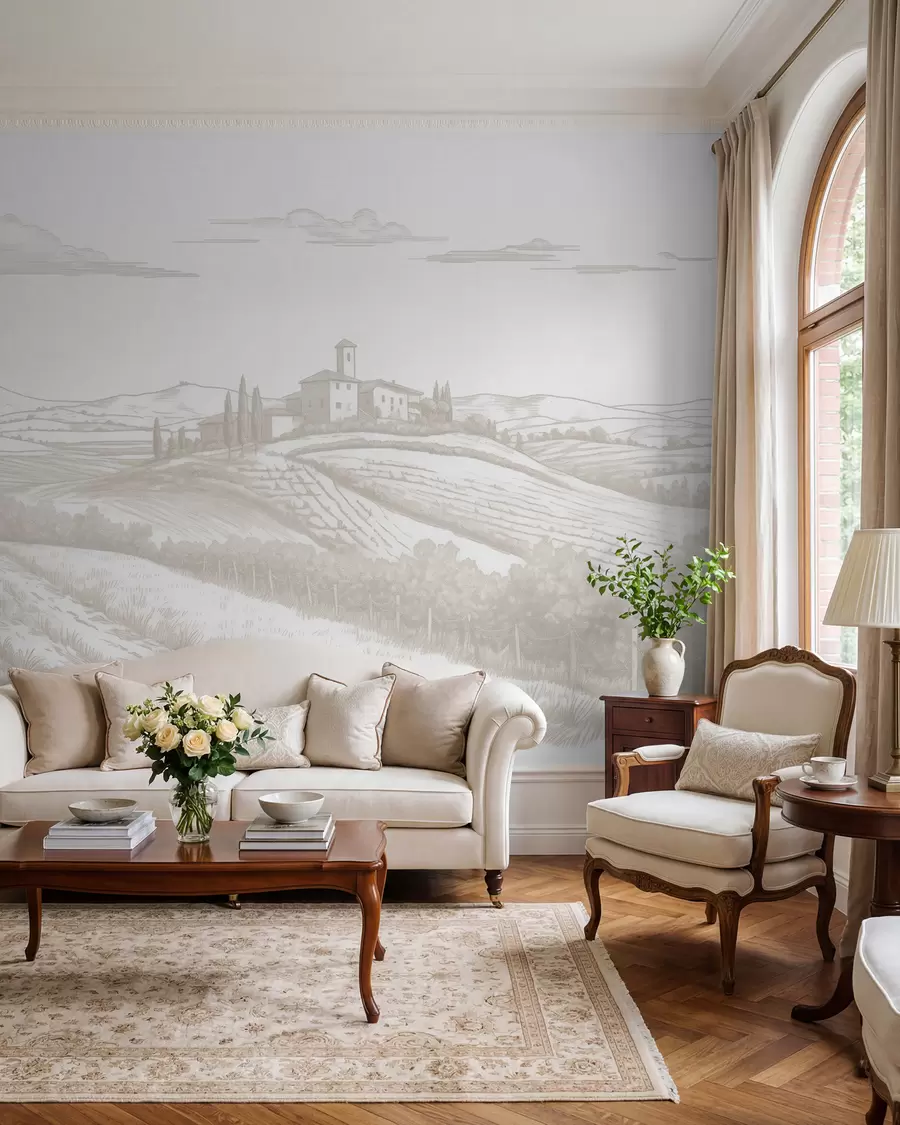 wall murals Tuscany landscapes, Italy, vineyards, nature, old castle, beige colors w03349