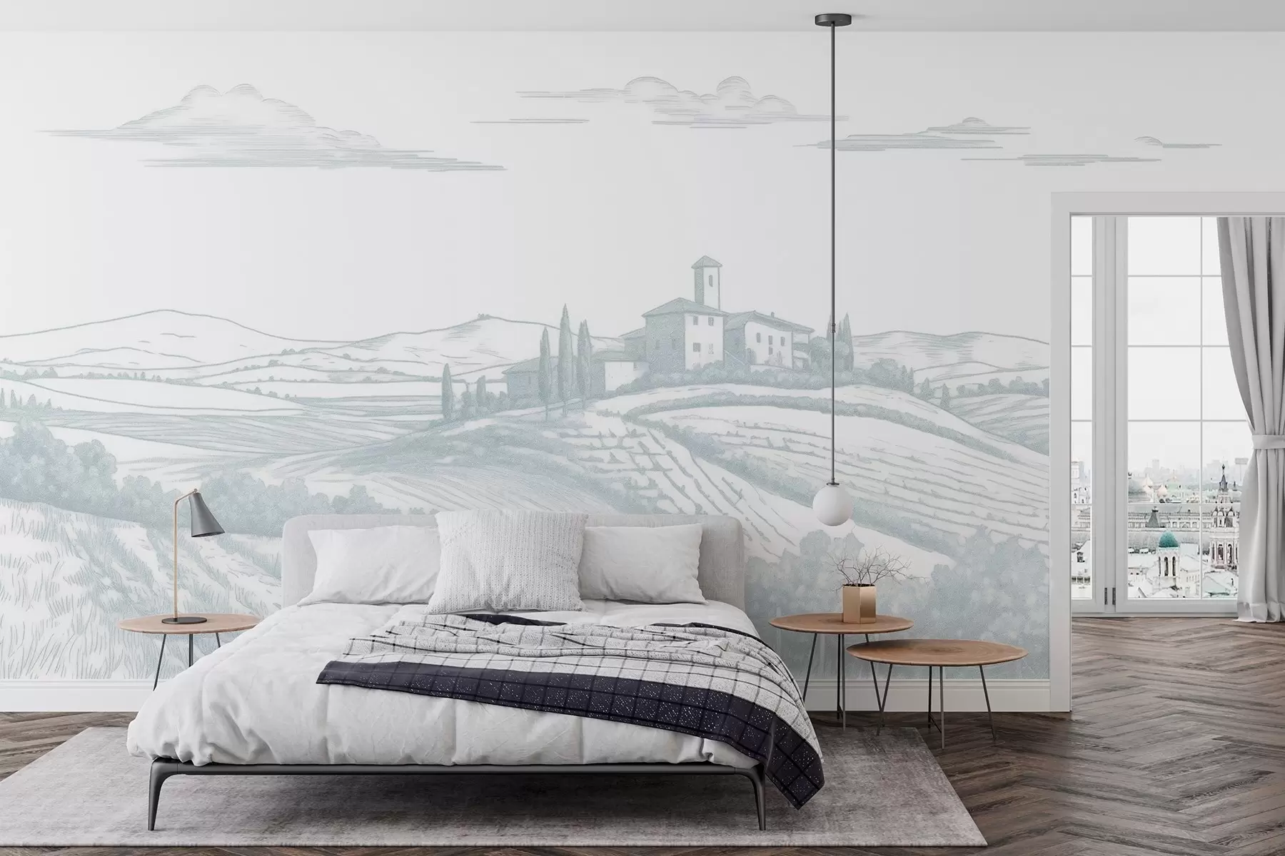 wall murals Tuscany landscapes, Italy, vineyards, nature, old castle, blue colors w03349v1