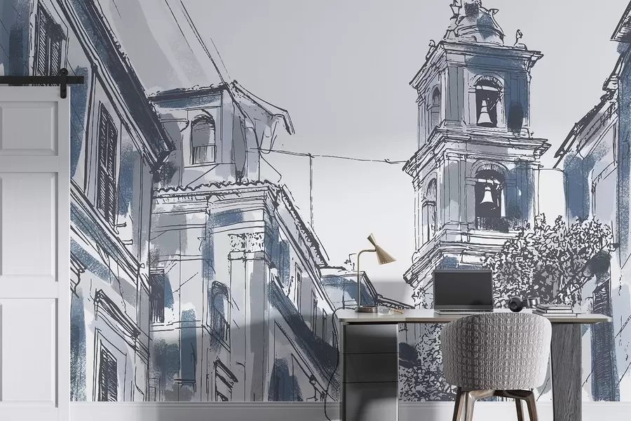 wall murals Mediterranean city street, chapel, architecture, grey and blue colors w03350