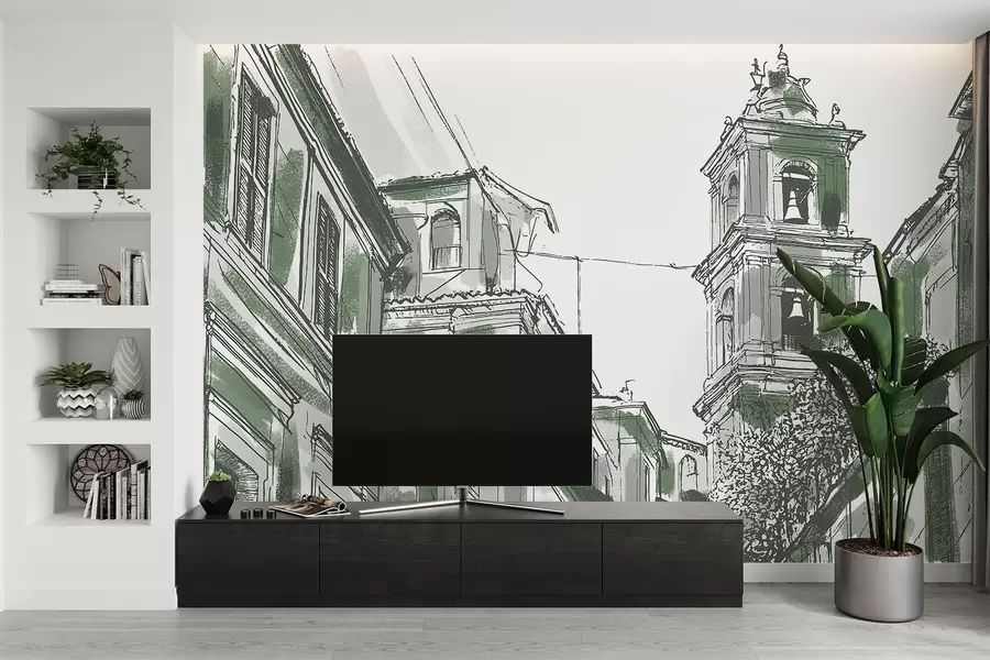 wall murals Mediterranean city street, chapel, architecture, grey and green colors w03350v2