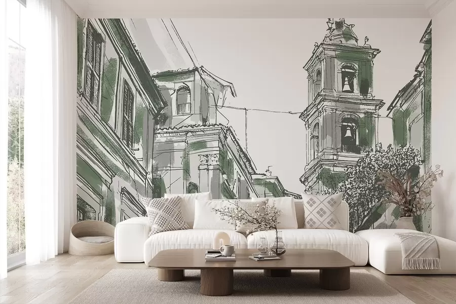 wall murals Mediterranean city street, chapel, architecture, grey and green colors w03350v2