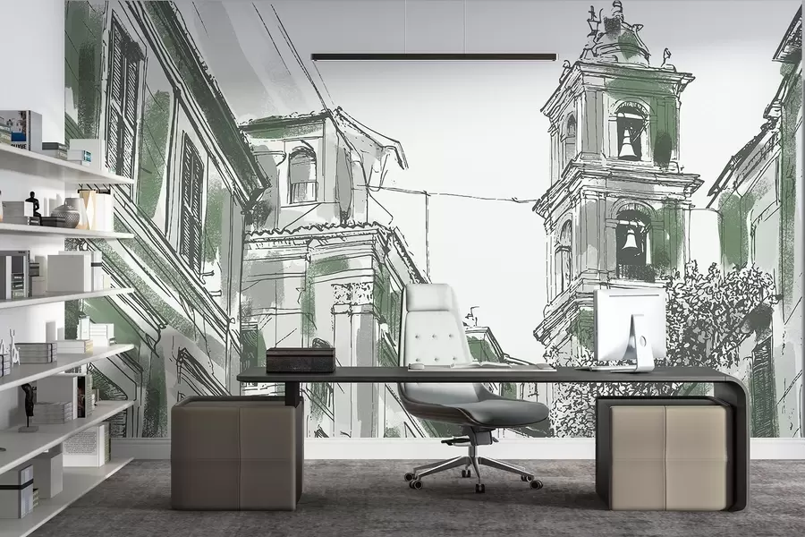 wall murals Mediterranean city street, chapel, architecture, grey and green colors w03350v2