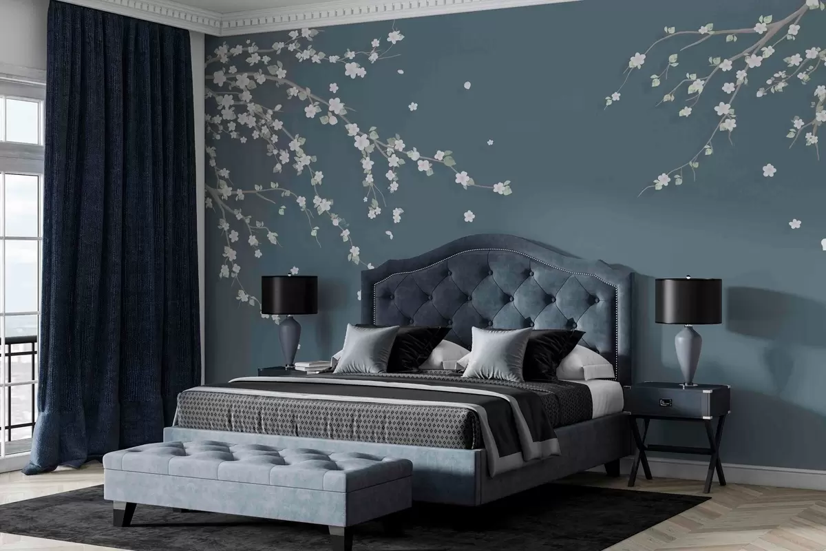 wall murals Blooming branch on the background of a wall in blue grunge style w03393v1