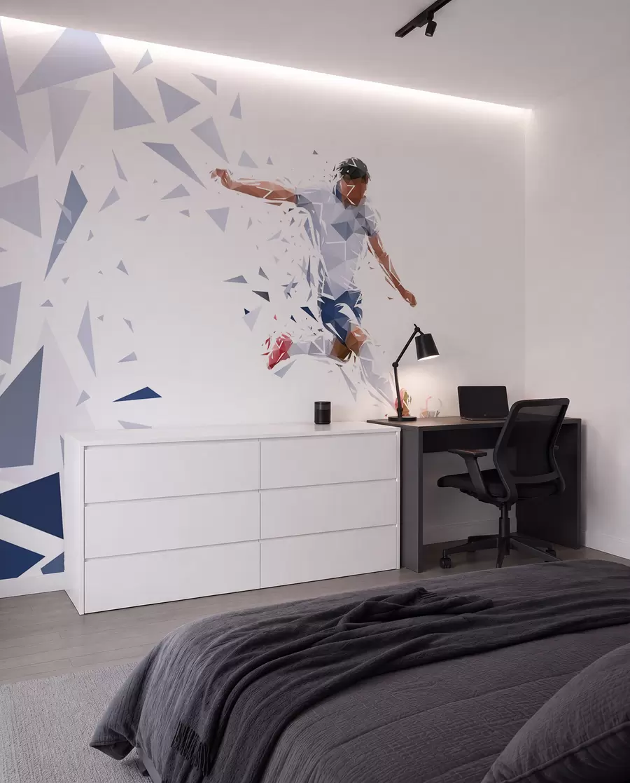 wall murals Dynamic footballer in a low-poly style, hitting the ball w03289