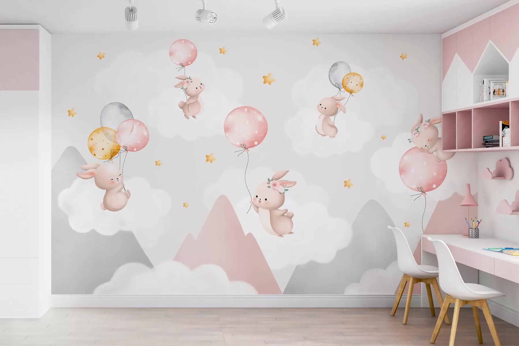 wall murals Bunnies with balloons on clouds among mountain peaks w03375