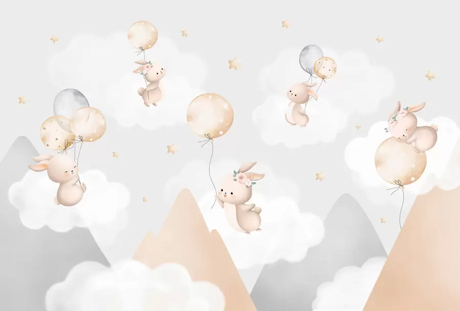 wall murals Bunnies with balloons on clouds among mountain peaks w03375v1