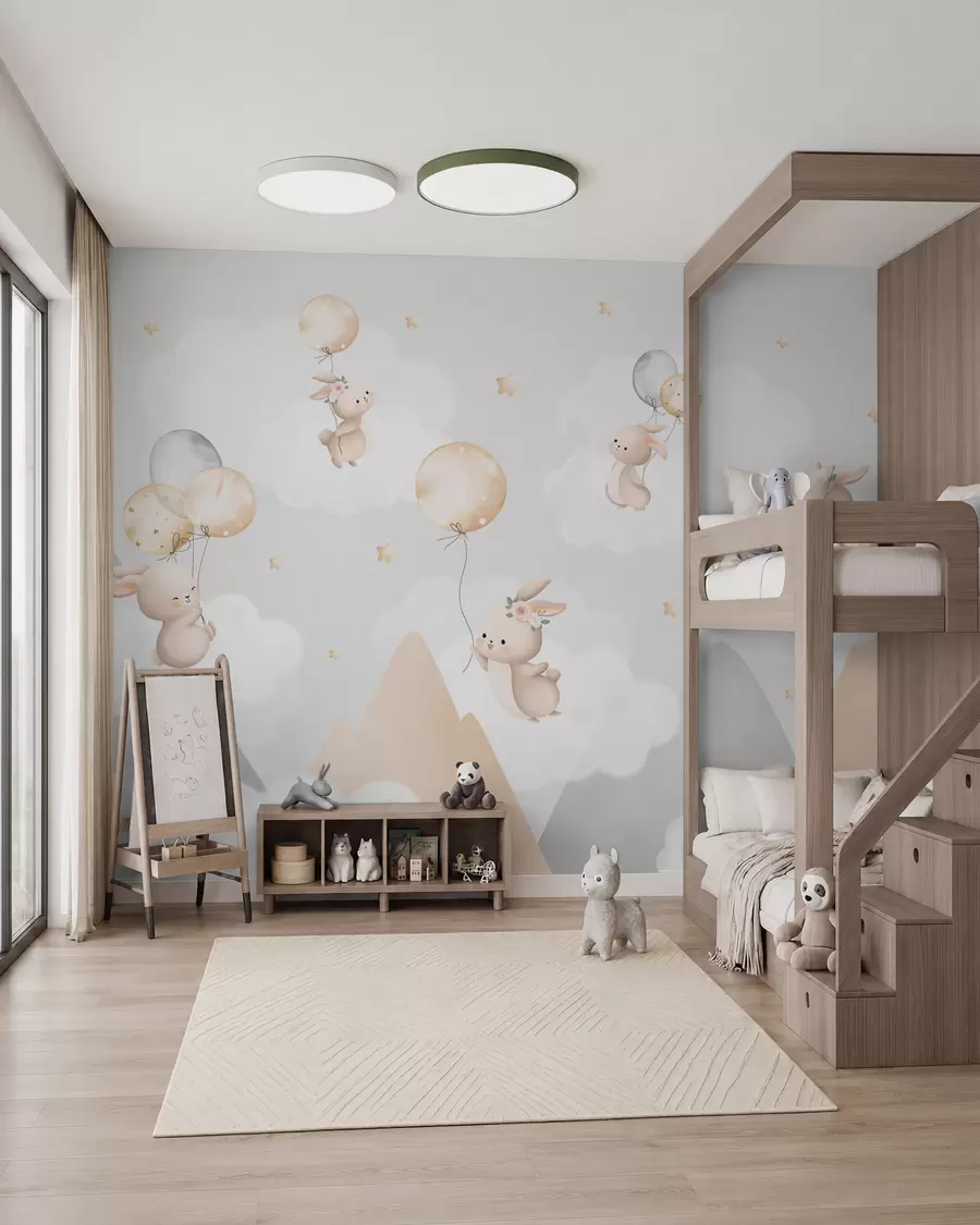 wall murals Bunnies over Peach Peaks w03375v1