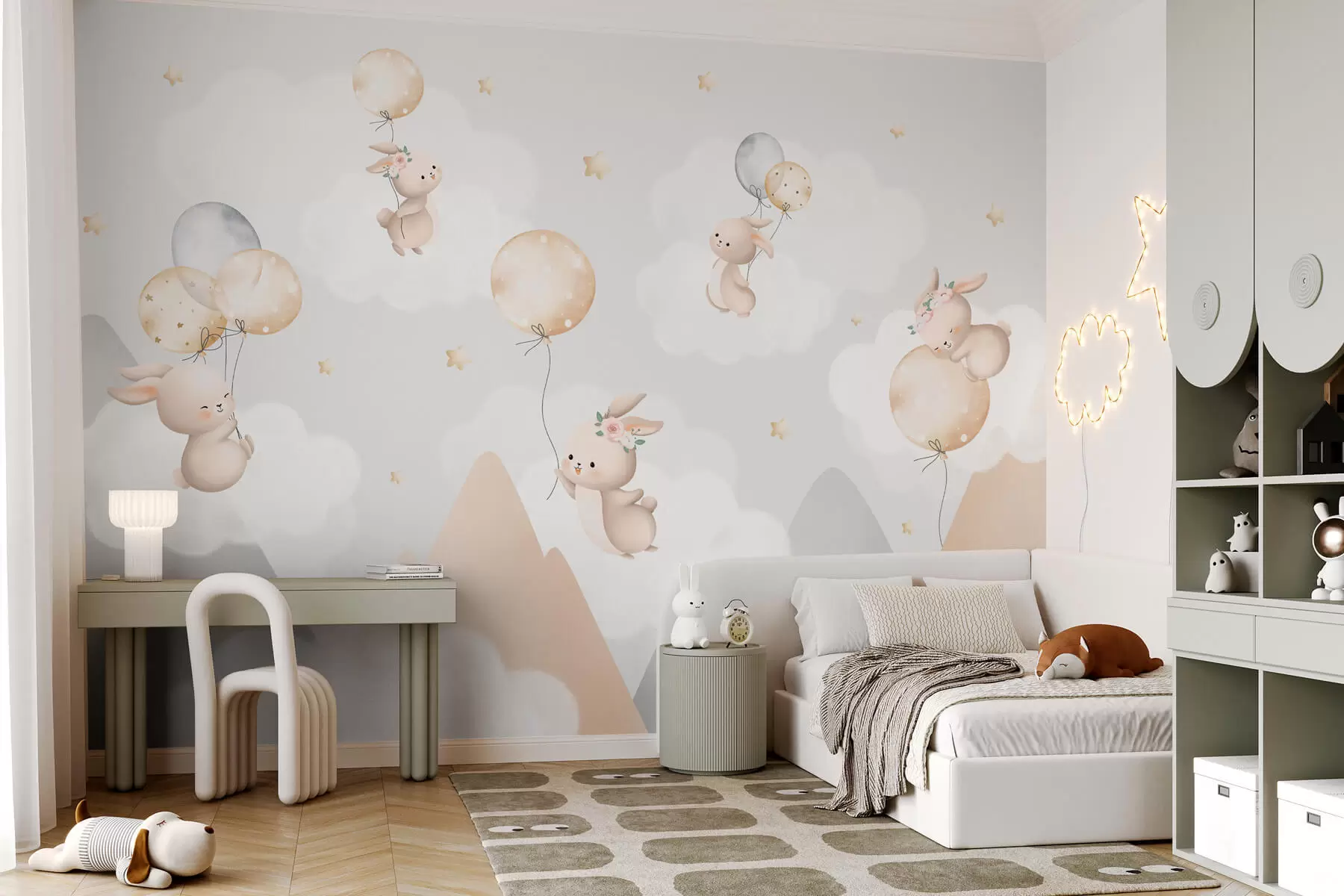 wall murals Bunnies with balloons on clouds among mountain peaks w03375v1